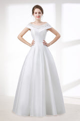 Wedding Dresses Colorful, A-Line White Satin Lace Off The Shoulder Wedding Dresses