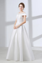 Wedding Dresses Colored, A-Line White Satin Lace Off The Shoulder Wedding Dresses