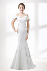 Evening Dresses And Gowns, A-Line White Satin Short Sleeve Off the Shoulder Prom Dresses