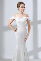 Evening Dresses Designer, A-Line White Satin Short Sleeve Off the Shoulder Prom Dresses