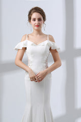 Evening Dress Designers, A-Line White Satin Short Sleeve Off the Shoulder Prom Dresses