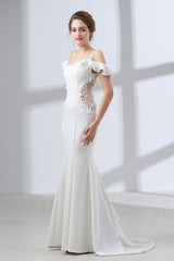 Evening Dress Designs, A-Line White Satin Short Sleeve Off the Shoulder Prom Dresses