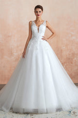 Wedding Dresses Laced Sleeves, A-line with Sequined Appliques Tulle Illusion Back Wedding Dresses