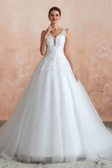 Wedding Dresses Lace Sleeves, A-line with Sequined Appliques Tulle Illusion Back Wedding Dresses
