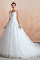 Wedding Dress Lace Sleeve, A-line with Sequined Appliques Tulle Illusion Back Wedding Dresses