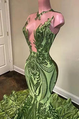 Prom Dresses Curvy, Exquisite Green V-neck Sequins Sleeveless Floor-length Mermaid Prom Dresses