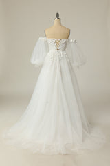 Prom Dresses Princess Style, A Line Off the Shoulder Ivory Bridal Dress with Long Sleeves