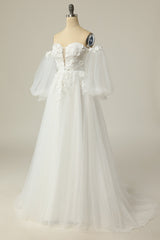 Prom Dress Princess Style, A Line Off the Shoulder Ivory Bridal Dress with Long Sleeves