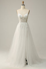 Prom Dresses Blush, A Line Spaghetti Straps White Long Bridal Dress with Appliques