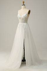 Prom Dresses Ballgown, A Line Spaghetti Straps White Long Bridal Dress with Appliques