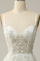 Prom Dress Ballgown, A Line Spaghetti Straps White Long Bridal Dress with Appliques