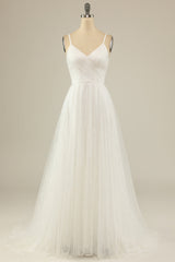 Prom Dresses Long Beautiful, A Line Spaghetti Straps White Tulle Party Dress