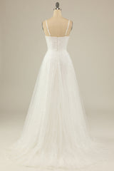 Prom Dress Long Beautiful, A Line Spaghetti Straps White Tulle Party Dress