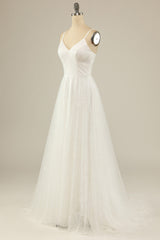 Prom Dress Sweetheart, A Line Spaghetti Straps White Tulle Party Dress