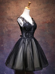 Evening Dresses 90023, Adorable Black V-neckline Lace and Tulle Party Dress, Short Prom Dress