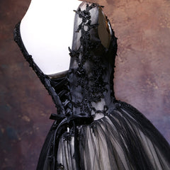 Evening Dress Gown, Adorable Black V-neckline Lace and Tulle Party Dress, Short Prom Dress