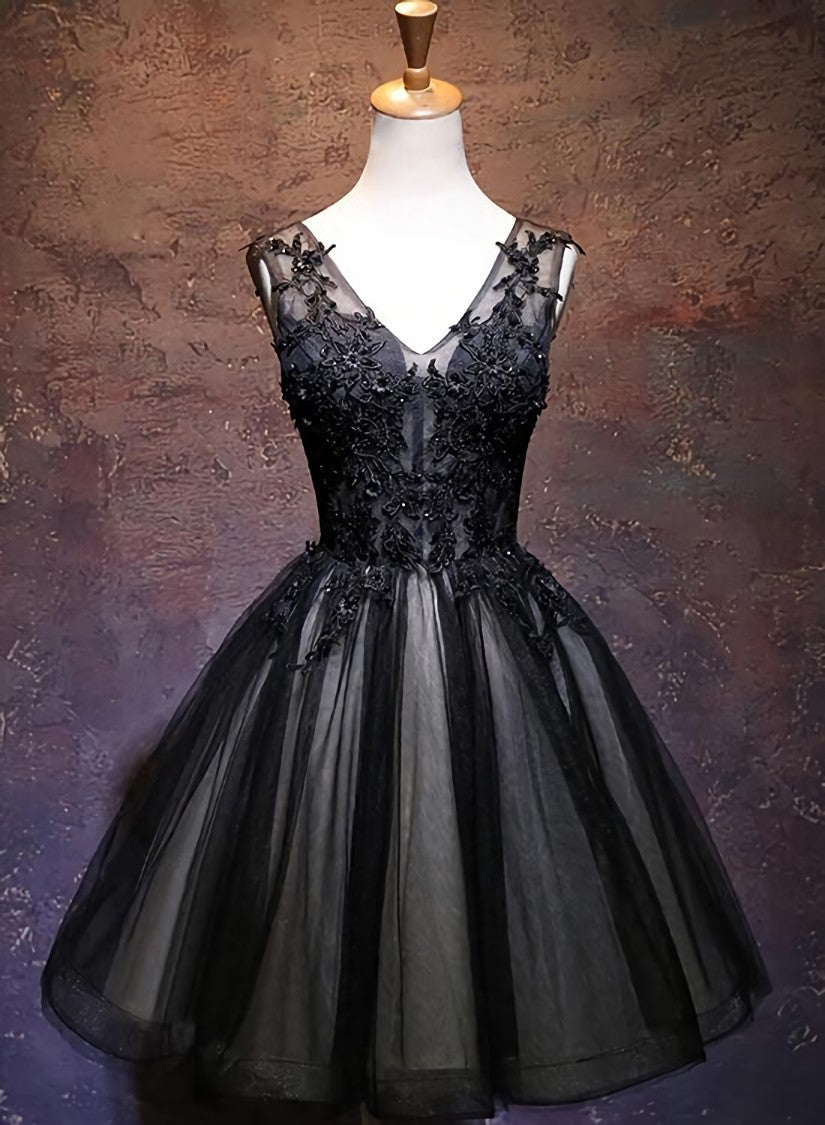 Evening Dresses For Wedding, Adorable Black V-neckline Lace and Tulle Party Dress, Short Prom Dress