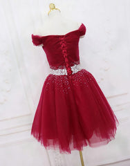 Homecomming Dresses Lace, Adorable Dark Red Homecoming Dress , Tulle Off the Shoulder Party Dress