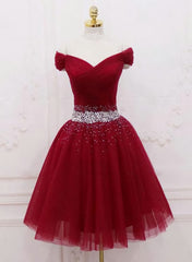 Homecoming Dress Lace, Adorable Dark Red Homecoming Dress , Tulle Off the Shoulder Party Dress