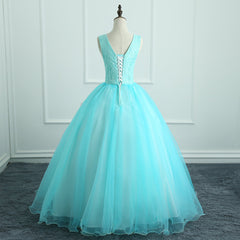 Prom Dress Two Piece, Adorable Light Blue Tulle with Flowers Floor Length Ball Gown Formal Dress, Blue Sweet 16 Dresses