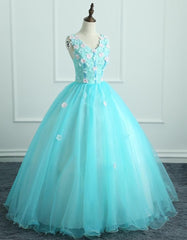 Prom Dresses 2030 Black Girl, Adorable Light Blue Tulle with Flowers Floor Length Ball Gown Formal Dress, Blue Sweet 16 Dresses