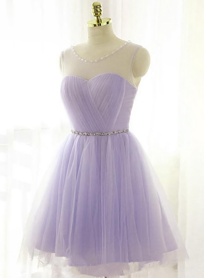 Boho Wedding Dress, Adorable Light Purple Round Neckline Beaded Short Prom Dress, Cute Homecoming Dress