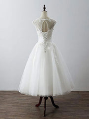 Formal Dress With Sleeve, Aline Round Neck Tulle Lace Short White Prom Dress, White Lace Homecoming Dress