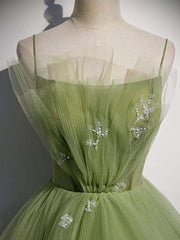 Evening Dresses Gowns, Aline Tulle Green Long Prom Dresses, Green Formal Graduation Dress with Beading