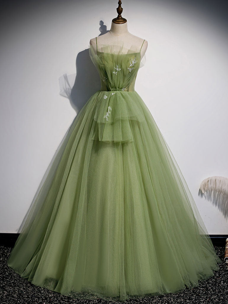 Evening Dresses Wholesale, Aline Tulle Green Long Prom Dresses, Green Formal Graduation Dress with Beading