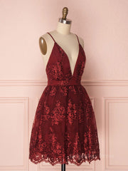 Prom Dresses 2025 Short, Aline v neck tulle lace short burgundy prom dresses, backless burgundy homecoming dress