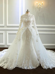 Wedding Dress , Amazing Long Mermaid High Neck Tulle Lace Wedding Dresses with Sleeves