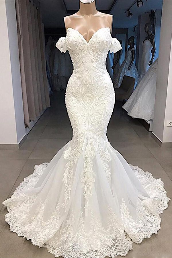 Wedding Dresses 2023, Amazing Sweetheart Mermaid White Wedding Dress Off the shoulder Lace Bridal Gowns Online