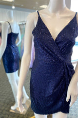 Prom Dresse 2042, Navy Blue Sequins V-Neck Mini Homecoming Dress