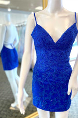 Party Dress Fancy, Royal Blue Appliqu¡§|s Backless Mini Homecoming Dress