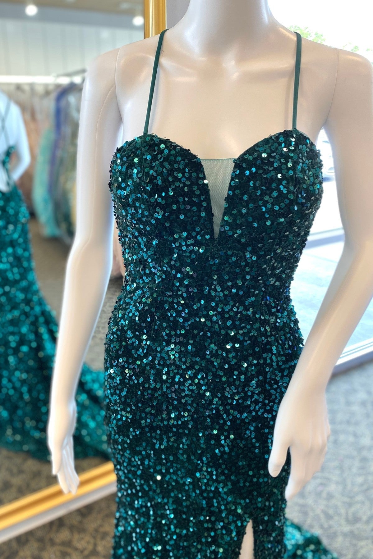 Dream Dress, Hunter Green Sequins Deep V Neck Lace-Up Long Prom Dress with Slit
