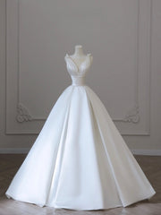 Wedding Dress With Pockets, White V-Neck Satin Long Formal Dress, Elegant A-Line Wedding Party Dress