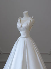 Wedding Dress Ball Gowns, White V-Neck Satin Long Formal Dress, Elegant A-Line Wedding Party Dress
