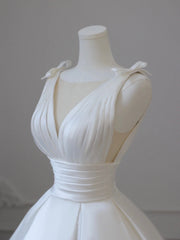 Wedding Dress With Pocket, White V-Neck Satin Long Formal Dress, Elegant A-Line Wedding Party Dress