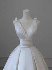 Wedding Dresses With Pocket, White V-Neck Satin Long Formal Dress, Elegant A-Line Wedding Party Dress