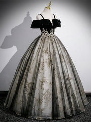 Bridesmaid Dresses Long Sleeves, Black Velvet Tulle Sequins Floor Length Prom Dress, Off the Shoulder Evening Party Dress
