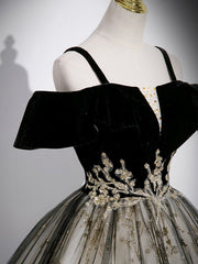 Bridesmaid Dresses Long Sleeve, Black Velvet Tulle Sequins Floor Length Prom Dress, Off the Shoulder Evening Party Dress