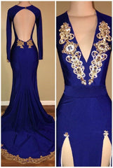 Party Dress Idea, royal blue long sleeve prom dresses gold beads mermaid evening dress with slit