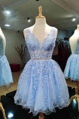 Prom Dresses Elegant, Backless Light Blue Lace Applique Short Homecoming Dresses