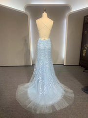 Party Dress Casual, Backless Light Blue Lace Prom Dresses, Open Back Light Blue Lace Formal Evening Dresses