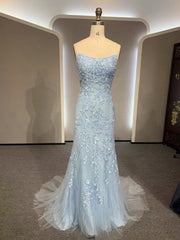 Party Dress Maxi, Backless Light Blue Lace Prom Dresses, Open Back Light Blue Lace Formal Evening Dresses