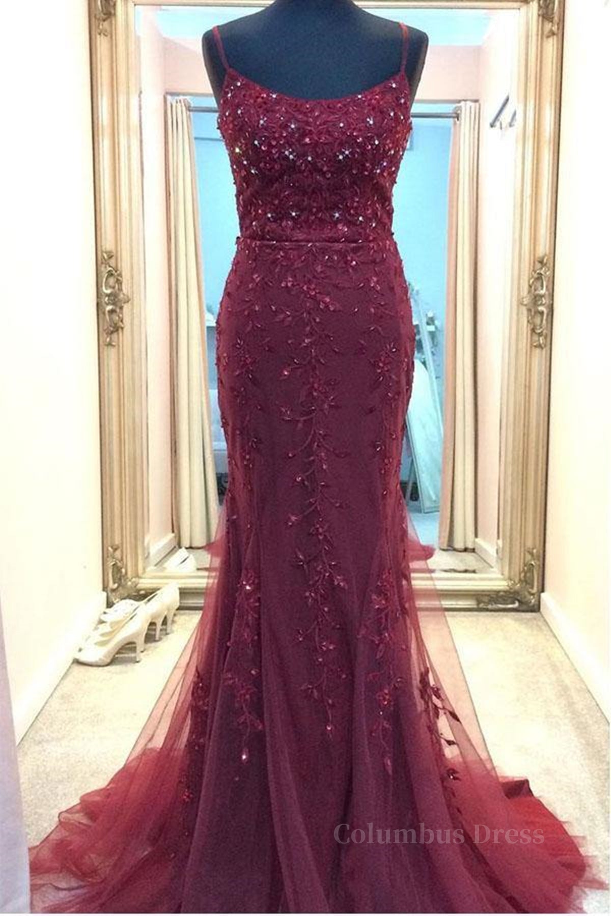 Formal Dresses For Winter, Backless Mermaid Beaded Maroon Lace Long Prom Dresses, Backless Burgundy Lace Formal Dresses, Burgundy Tulle Evening Dresses