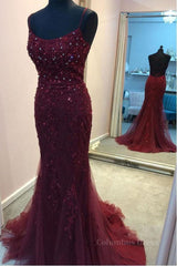 Formal Dresses Pink, Backless Mermaid Beaded Maroon Lace Long Prom Dresses, Backless Burgundy Lace Formal Dresses, Burgundy Tulle Evening Dresses