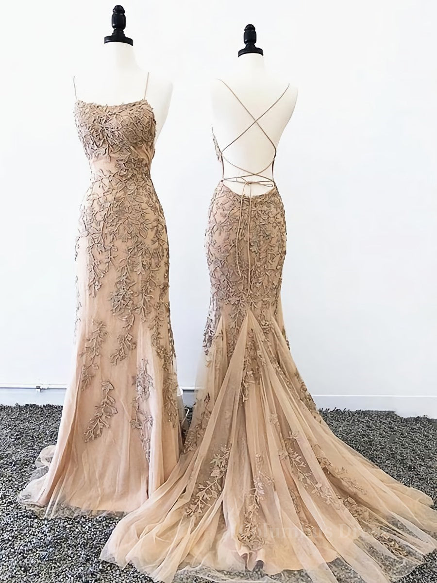 Party Dress Size 19, Backless Mermaid Champagne Lace Prom Dresses, Champagne Backless Mermaid Lace Formal Evening Dresses