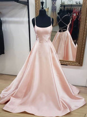 Short Formal Dress, Backless Pink Satin Long Prom Dresses, Open Back Pink Satin Formal Graduation Dresses