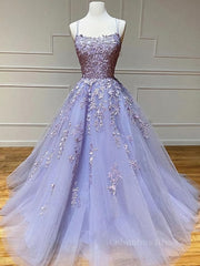 Dream Wedding, Backless Purple Lace Prom Dresses, Open Back Purple Lace Formal Evening Dresses